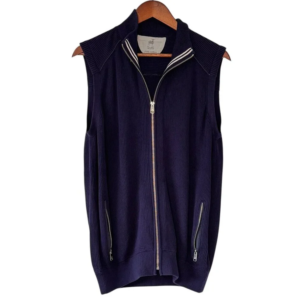 Raffi Men's Sweater Vest Full Zip Navy Cotton Ribbed Zip Pockets Golf Medium